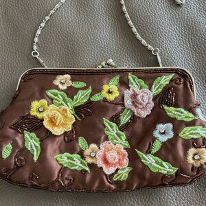 Floral Beaded Bead Purse Handbag With 2 Chain Handles Brown With 2 Sides Beading
